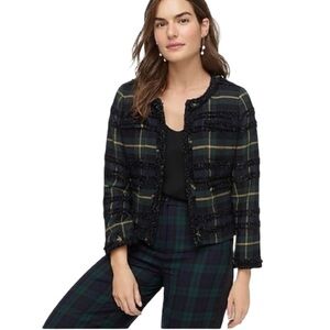 J. Crew Lady Jacket Tweed Blazer Black Watch Plaid Green Business Work Outfit